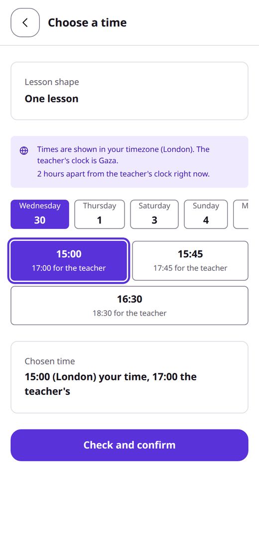 Phone screen: choosing a time, with day buttons across the top and the free times for that day below.