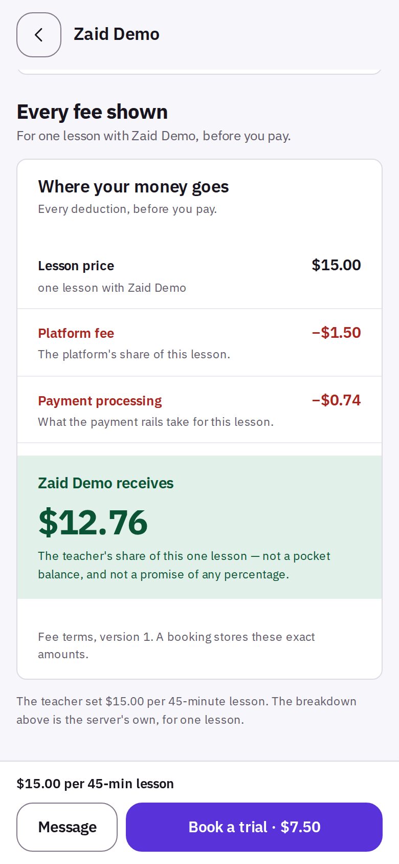 App screen: what one lesson costs. Lesson price, platform fee and payment processing, then what the teacher receives. Demo account.