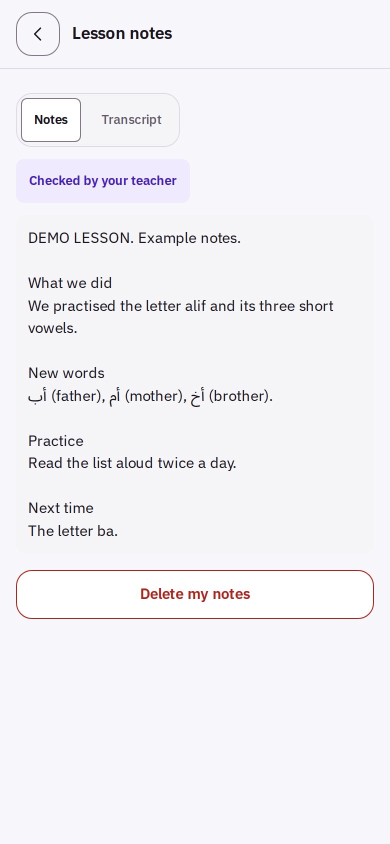 App screen: lesson notes for a demo lesson, marked as checked by the teacher.