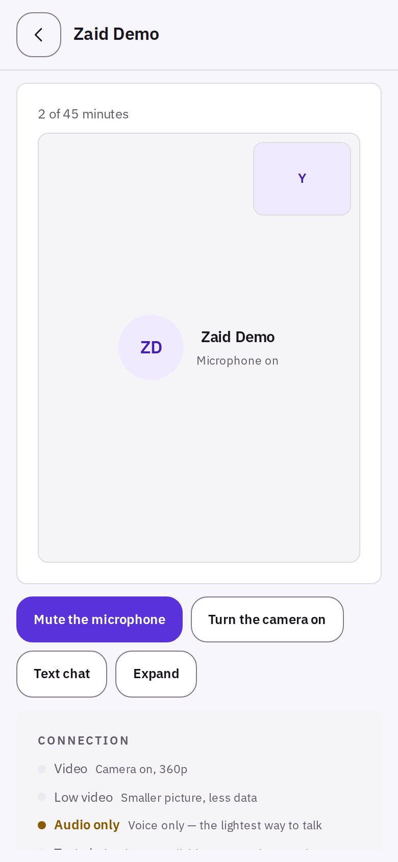 App screen: the live lesson room, with microphone and camera buttons and the connection choices video, audio only and text.